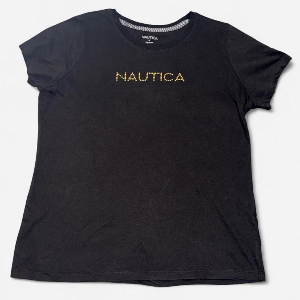 Nautica black cotton t-shirt with gold rhinestone logo, size XL